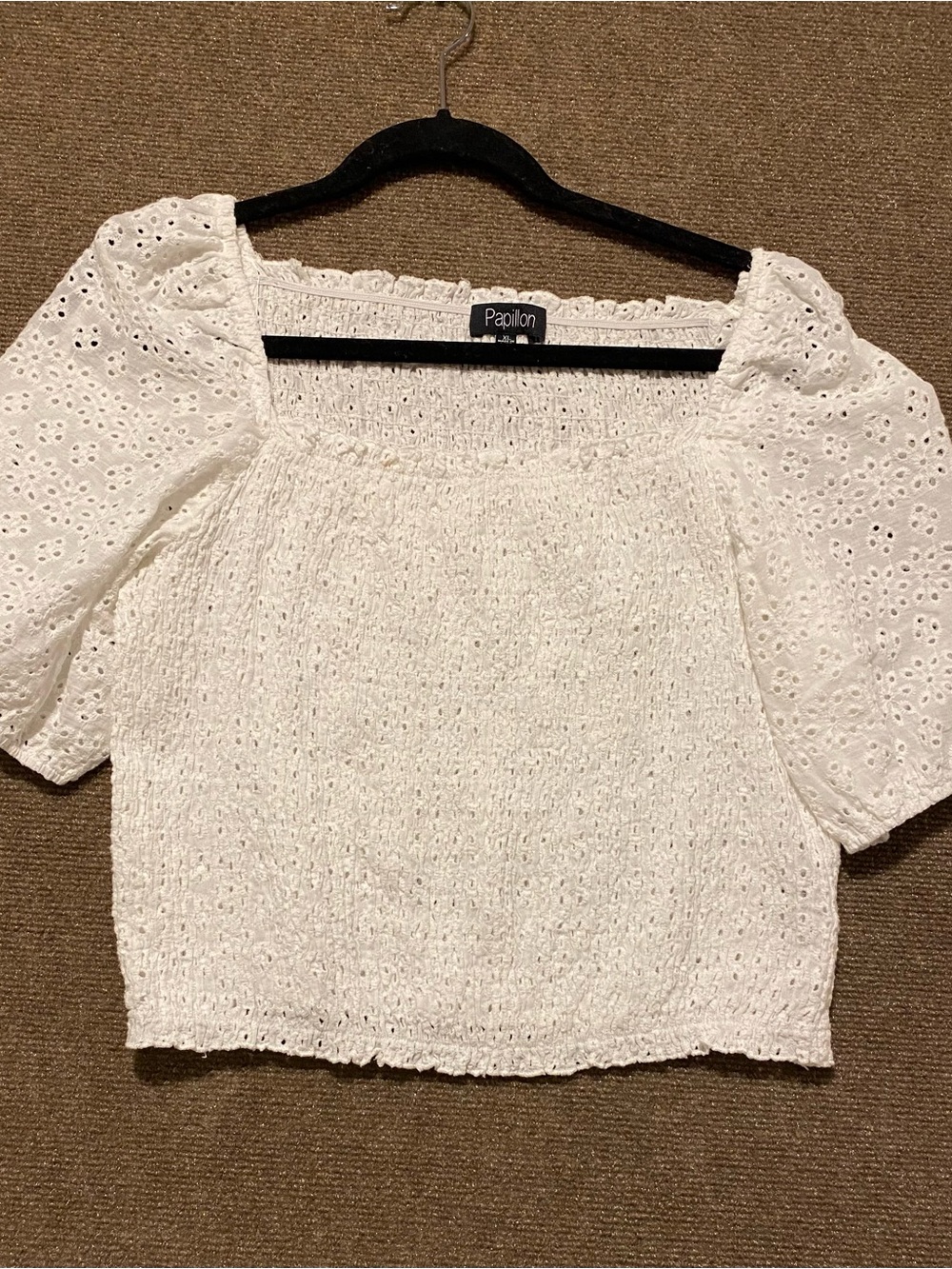 Papillon White Eyelet Smocked Crop Top with Puff Sleeves Size XL